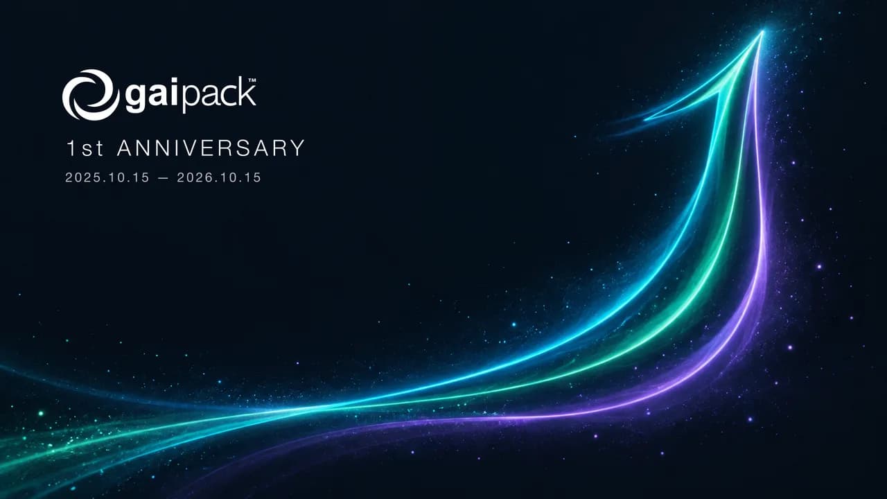 gaipack 1 周年記念壁紙(PC 用)。暗い背景に三色の光のラインで数字の 1 を描いたデザイン