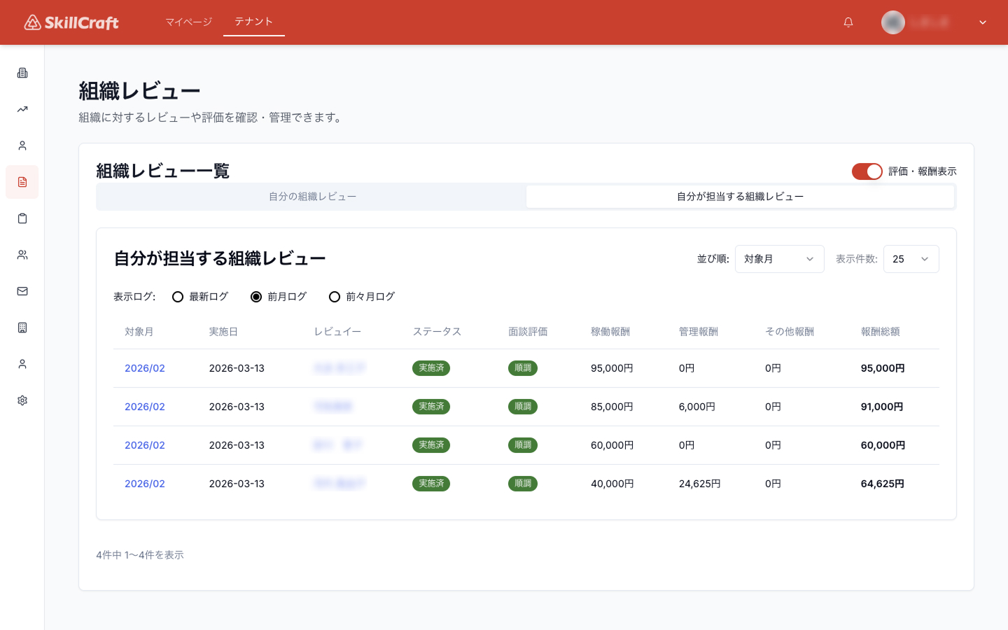 SkillCraft 組織レビュー一覧画面